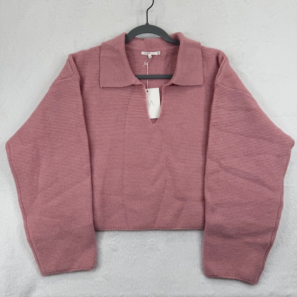 Nia freya chunky knit v-neck sweater Size L Long Sleeve Pink Lounge Better Top